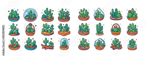 Colorful collection of cartoon cactus and succulent plants in po