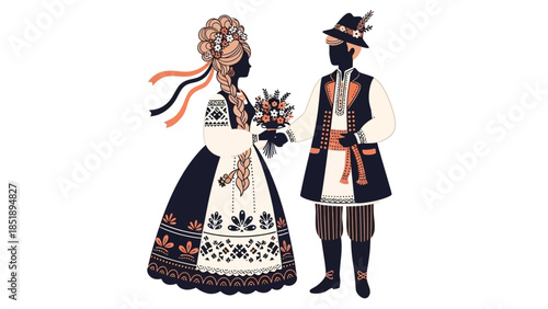 Traditional Ukrainian Folk Art Wedding Couple Vector Illustration with Bride and Groom in Embroidered Costume and Floral Wreath