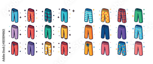 Collection of colorful patterned pants and shorts on white backg