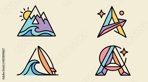 Stylized representations of letters, mountains, a compass, and abstract shapes.