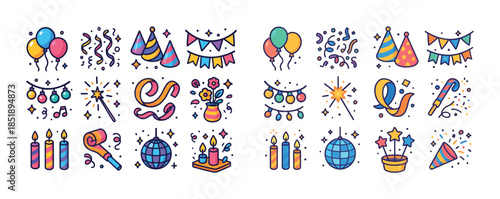 Colorful celebration icons: balloons, confetti, streamers, party