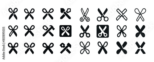 Collection of various scissors and crossed tools icons in black