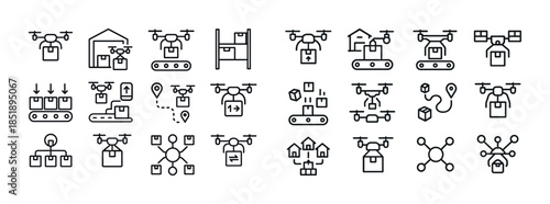 Drone delivery icons: unmanned aerial transport and logistics te