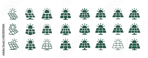 Green solar panel icon set with sun illustrations in various sty