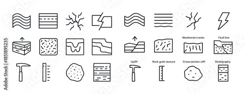 Geological symbols: fault lines, weathered cracks, stratigraphy,