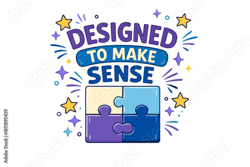 Colorful puzzle design with stars and text 'designed to make sense'