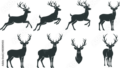 Deer silhouette set, antler animal, wildlife vector, forest graphic, black illustration, nature pose, hunting theme, rustic design, minimal style, outdoor art