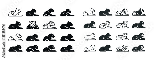 Silhouette icons of big cats: cheetah, leopard, jaguar, tiger, l