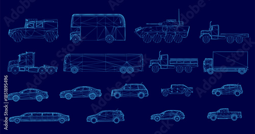 Blueprint wireframe set of cars and trucks on a blue background, providing detailed technical views of various vehicle types. Side view
