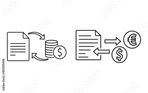 Invoice vector illustration of business documents and currency exchange between dollars and euros