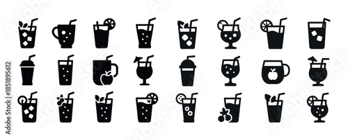 Collection of beverage icons featuring cups, glasses, and straws