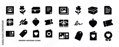 Memory keepsake icons: flowers, boxes, gifts, tags, and document