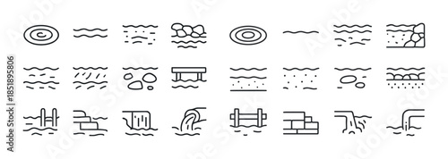 Minimalist line icons of pools and water features for design pro