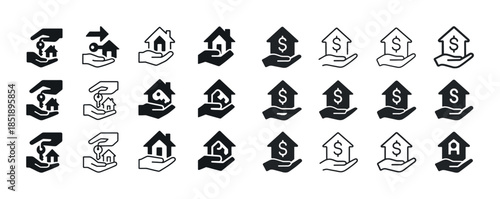 Set of icons depicting hands holding houses and dollar signs in