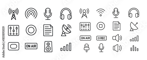 Audio and broadcast icons: headphones, microphones, antennas, so