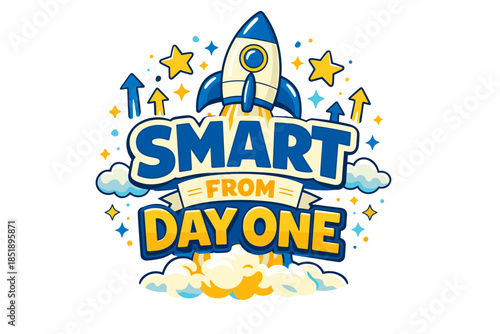 Rocket launch with motivational text and stars