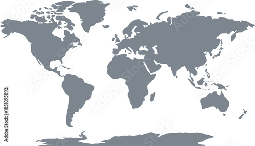 World map silhouette, global geography outline, minimalist continents, grey map vector, educational resource, neutral design, international layout, blank earth illustration