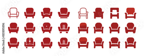 Collection of red armchair icons in various styles and angles