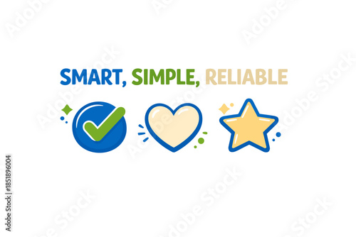 Smart simple reliable icons with checkmark heart and star on white background