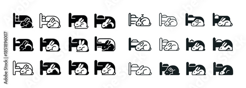 Icon set of sleeping rabbits in various poses and styles
