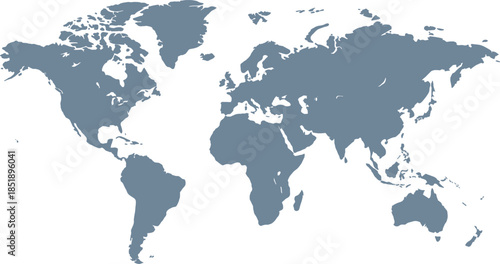 World map silhouette, grey continent vector, minimalist globe design, global geography outline, blank earth layout, educational reference, international shape graphic