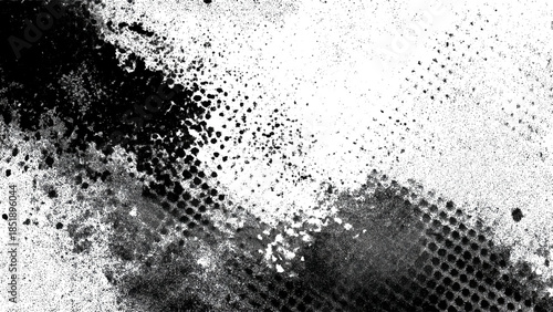 Abstract black and white grunge texture with halftone dot pattern and weathered surface.	