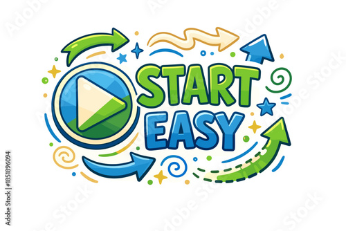Colorful doodle with play button, arrows, and 'start easy' message