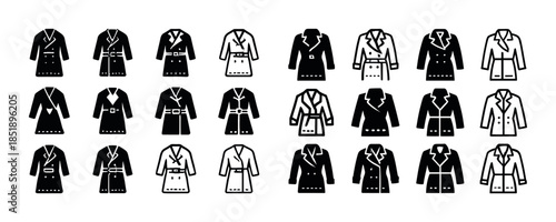 Collection of stylish black and white coat icons with various de