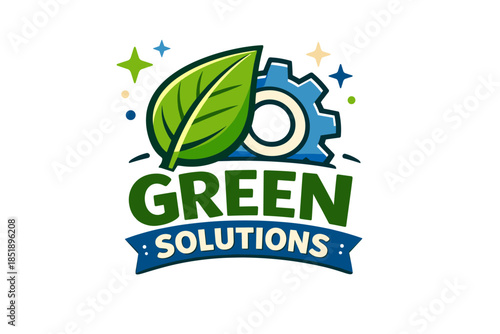 Green solutions logo with leaf and gear design for sustainable eco-friendly businesses