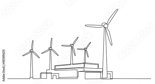 Sustainable living with wind turbines and houses in a minimalist line art style