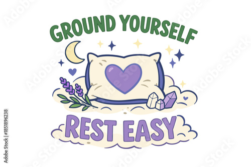 Inspirational sleep design with pillow, moon, lavender, crystals, heart motif