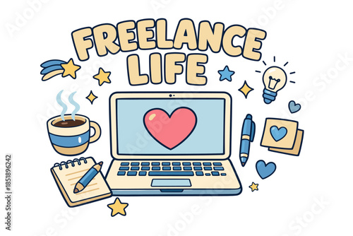 Freelance life with laptop, coffee, and creative icons