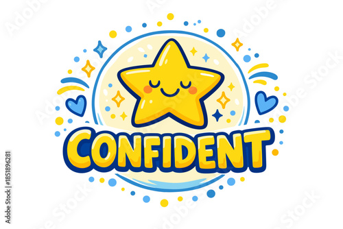 Smiling star with confident text in yellow and blue design