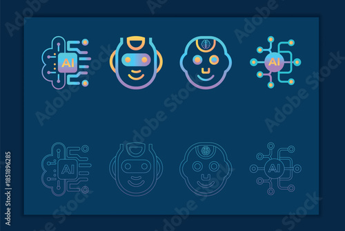Futuristic AI Technology Gradient Line Icon Set