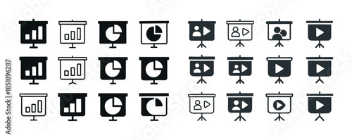 Set of presentation icons with graphs and play symbols on screen