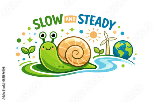 Cute snail cartoon with eco-friendly symbols: renewable energy and sustainability theme