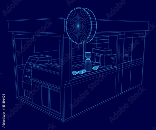A 3D wireframe model of a modern coffee stand blueprint, featuring a detailed espresso machine, a cup, and seating arrangements against a solid blue background.
