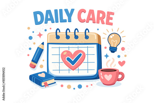 Colorful daily care with calendar, heart, pencil, and coffee cup icons