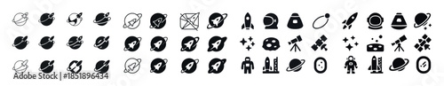 Black and white space icons featuring rockets, astronauts, and t