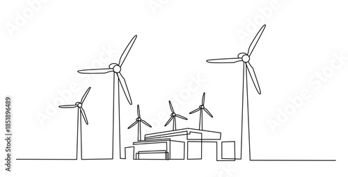 Sustainable living with wind turbines and houses in a minimalist line art style