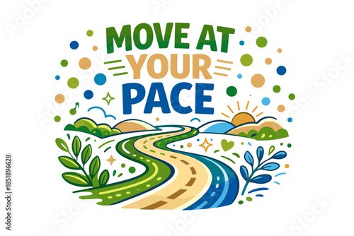 Move at your pace: scenic road with sunrise and nature elements