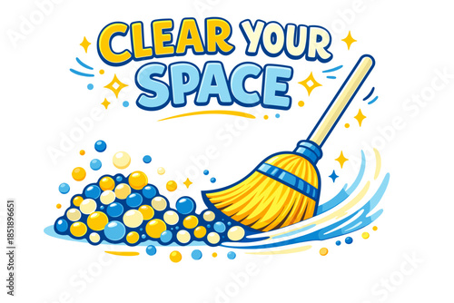 Clear your space: vibrant broom sweeping colorful balls for a tidy environment