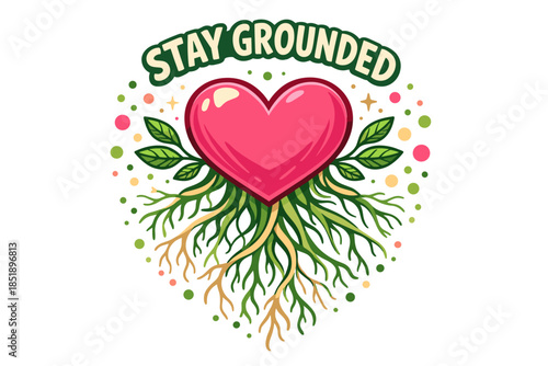 Pink heart with roots and leaves - stay grounded theme