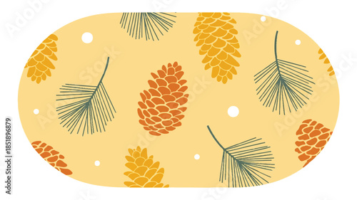 Seamless botanical pattern featuring pine cones, pine needles, beige background and small white dots, cozy winter decor texture