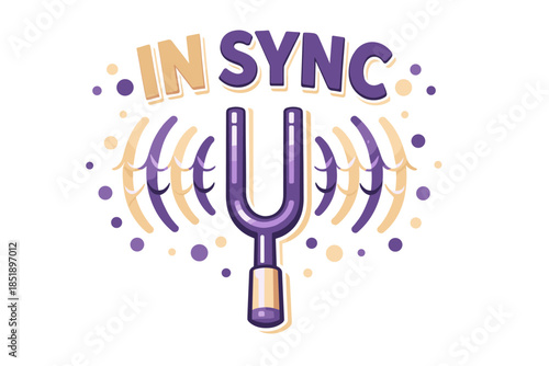 Tuning fork with sound waves and in sync text