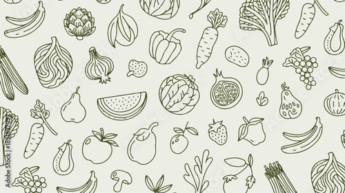 Olive green line art fruits and veggies seamless pattern on white, elegant organic food illustration, flat, minimal style