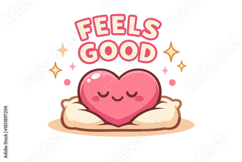 Cute heart cartoon with feels good text and sparkles on soft pillow