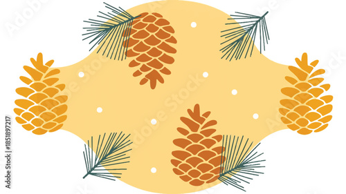 Seamless pine cone and pine needle pattern on beige background with scattered white dots, festive nature texture, elegant winter design