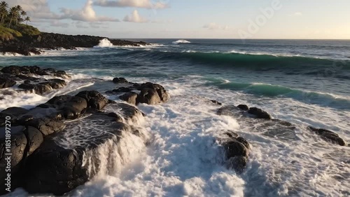 Wallpaper Mural Powerful ocean wave crashes against dark volcanic rocks, creating sea spray near a palm-lined coast Torontodigital.ca