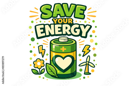 Save energy concept: battery with heart, flower, wind turbine, and green symbols